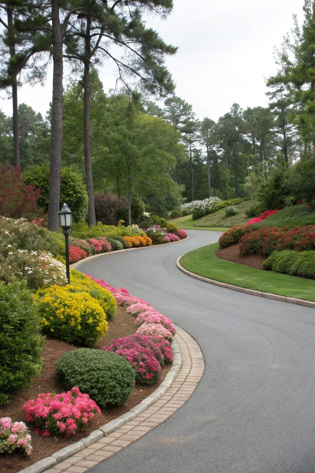 A wrap around driveway surrounded by lush greenery and colorful flowers.