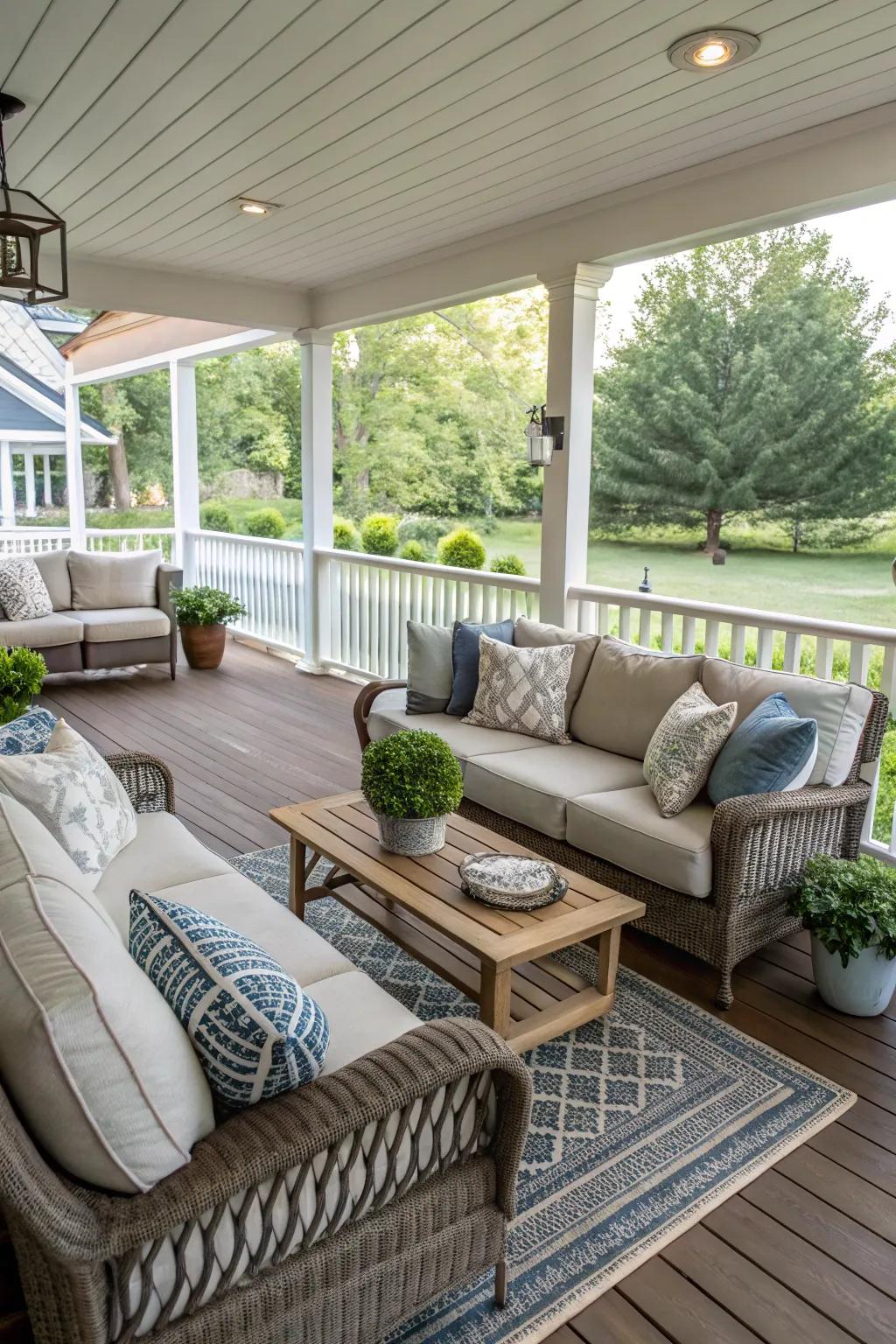Outdoor living room setup on a wrap around porch