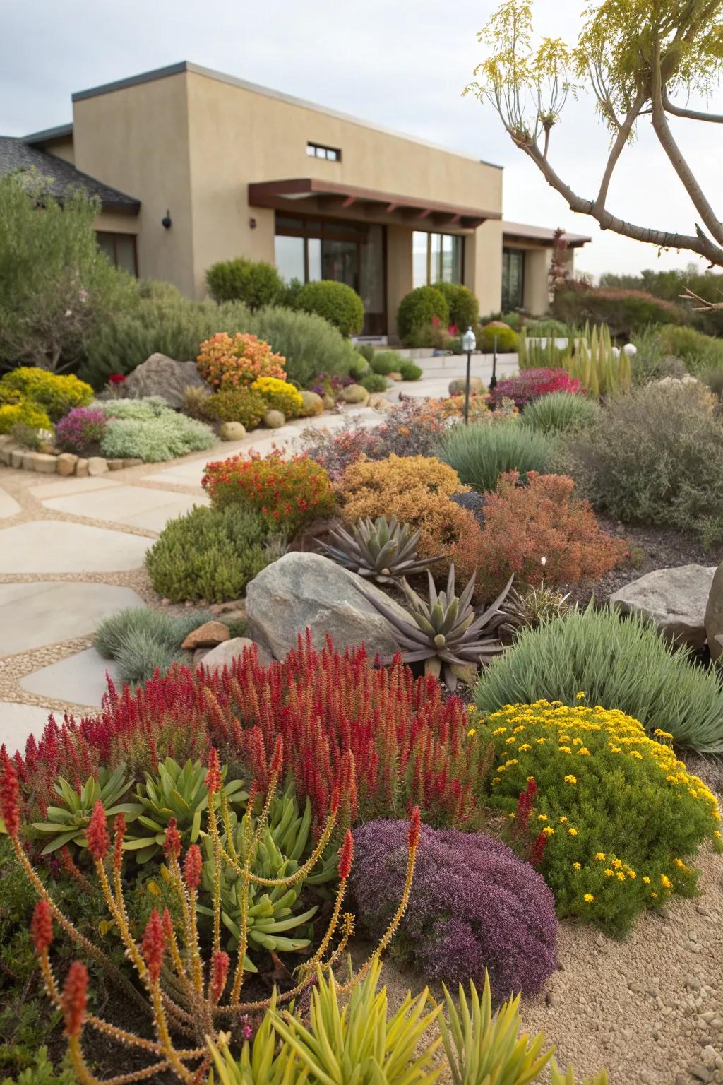 A vibrant xeriscape garden with varied textures and colors.