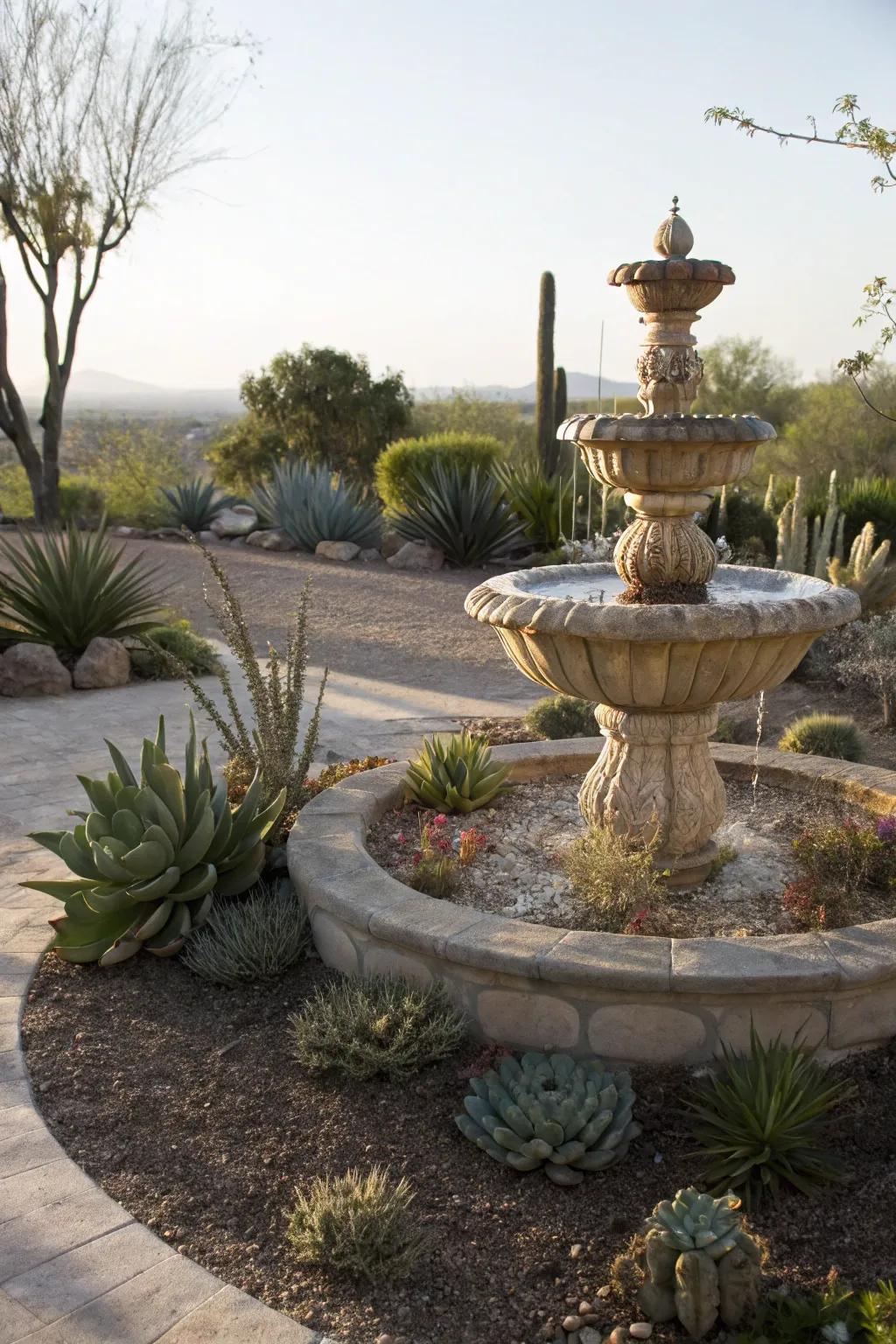 A peaceful water feature in a xeriscape setting.
