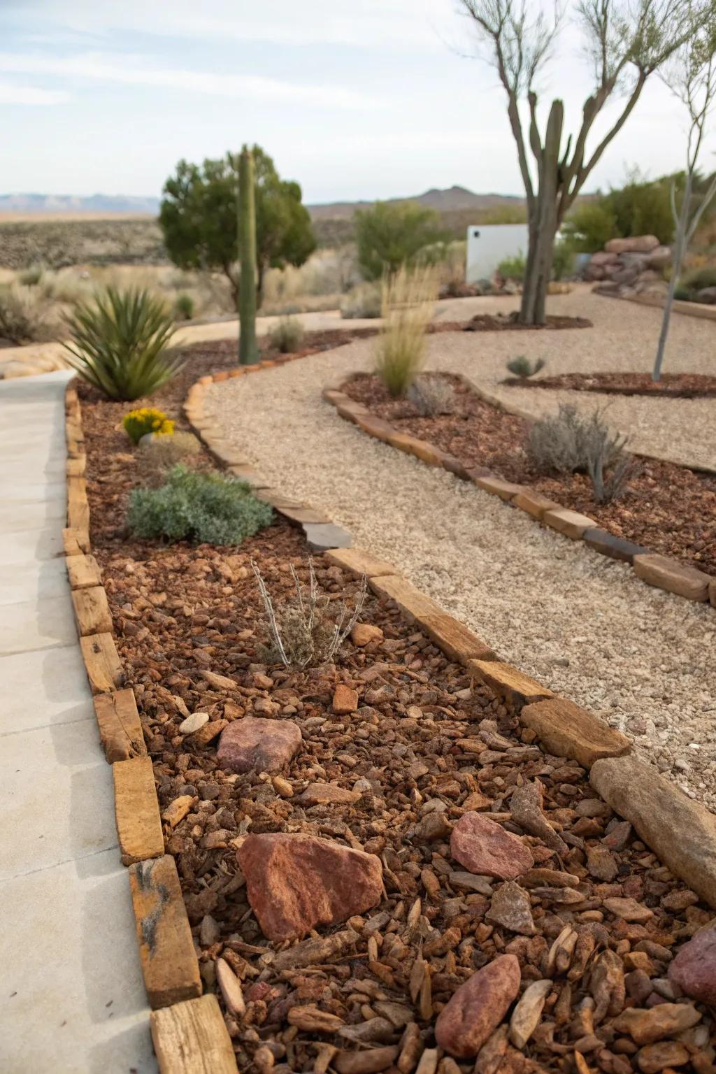 A garden bed in New Mexico with a mix of bark chips and gravel mulch.