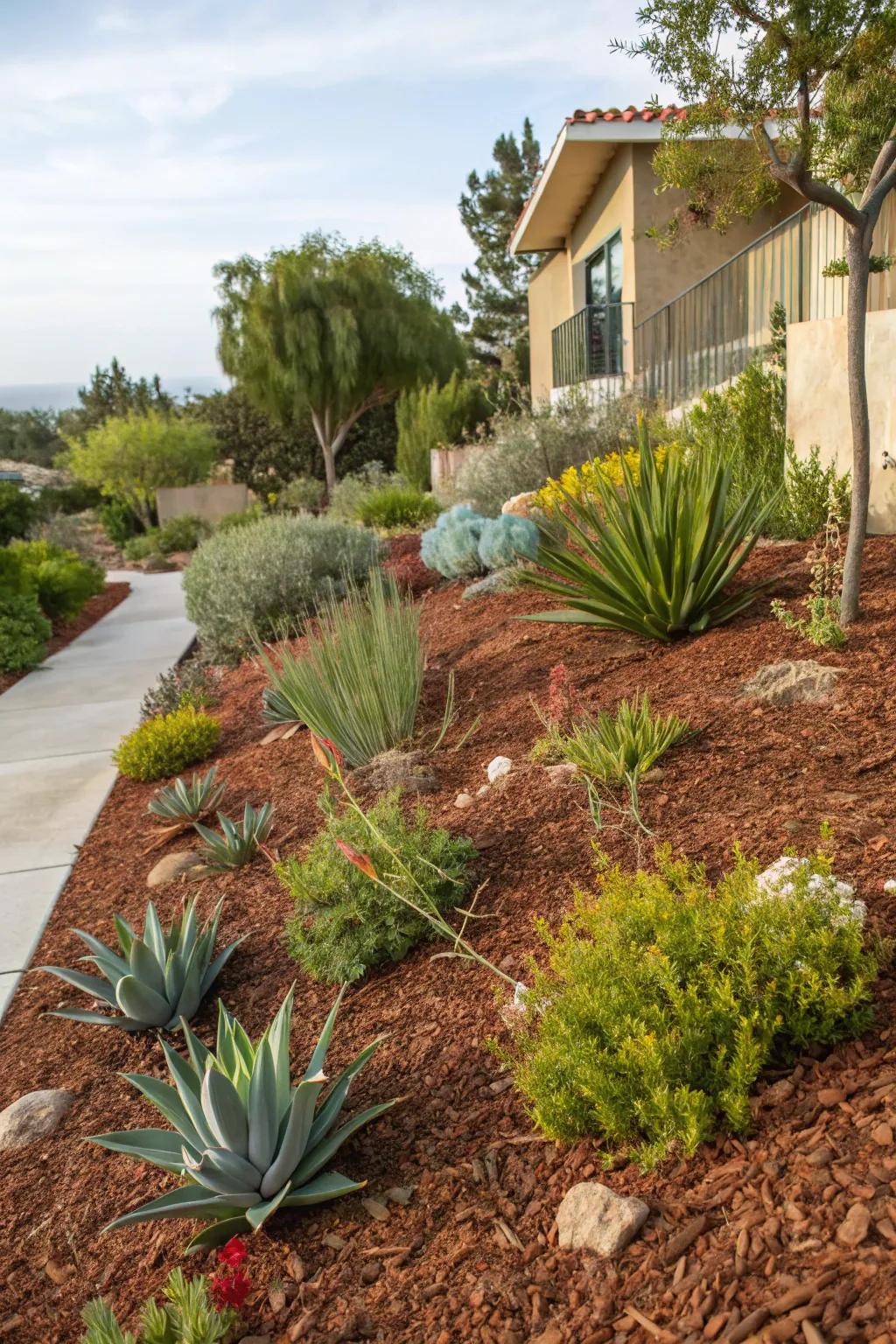 Mulch aids in moisture retention and weed control in xeriscaping.