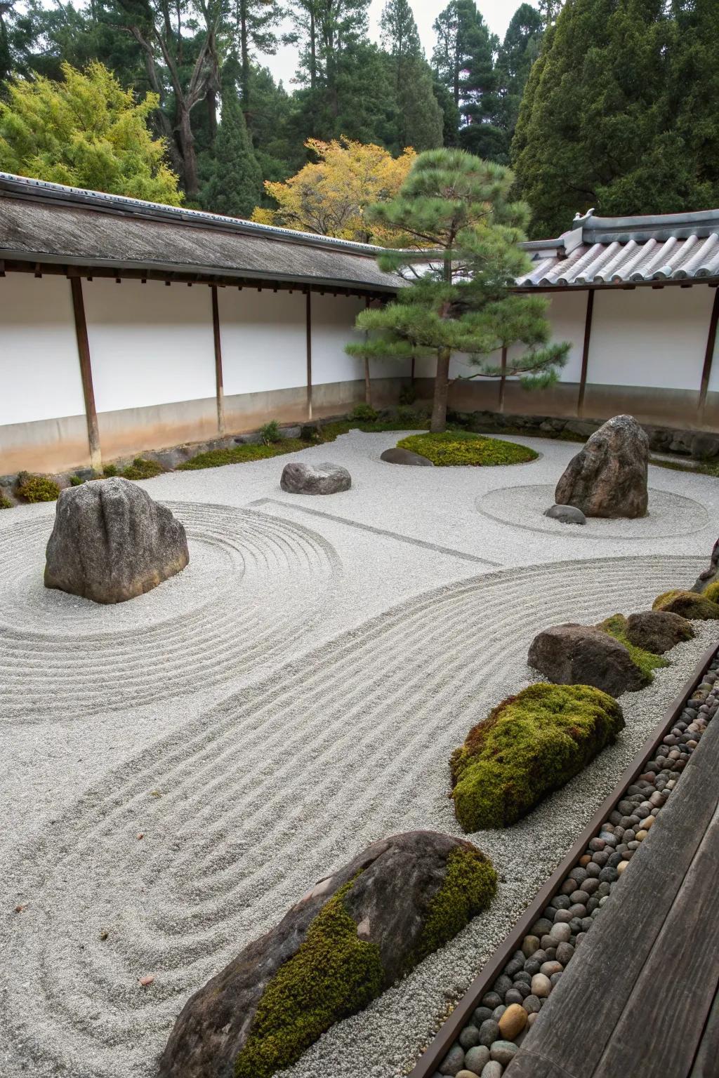 A Zen garden island offering a peaceful retreat with minimalist design.