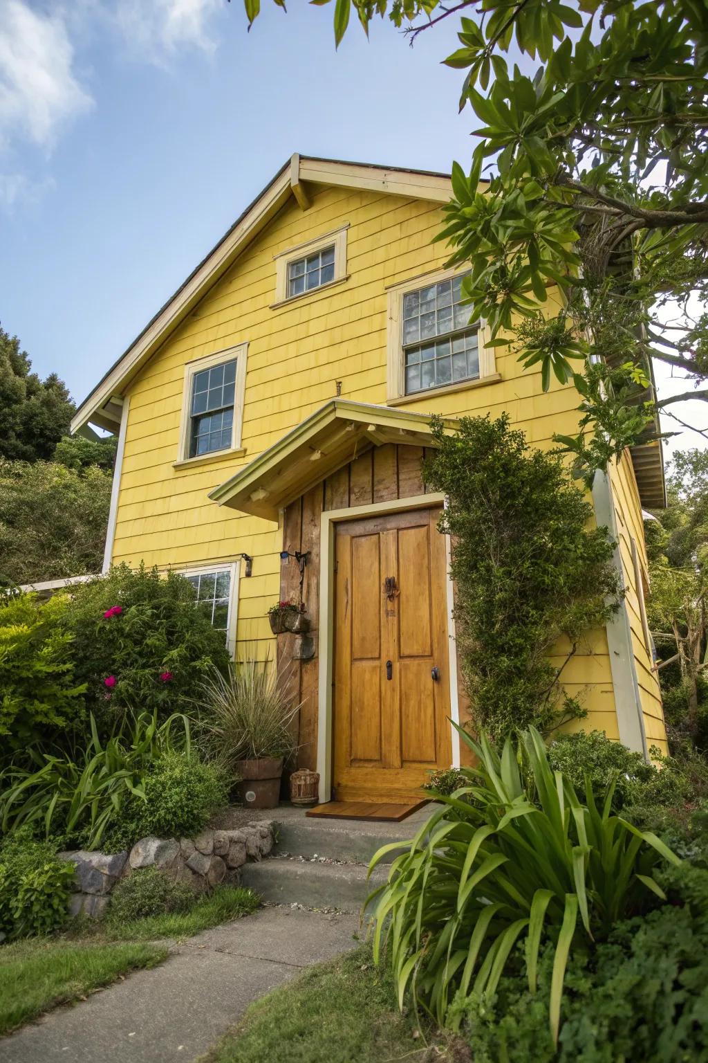 Stained wood doors add warmth to yellow houses.