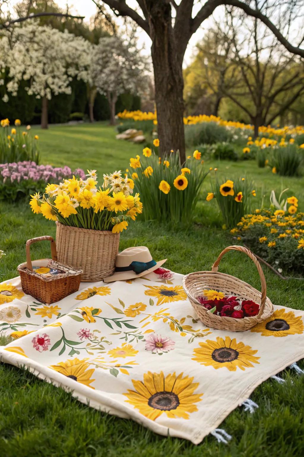 Vibrant yellow flowers adding a natural touch to the picnic decor.