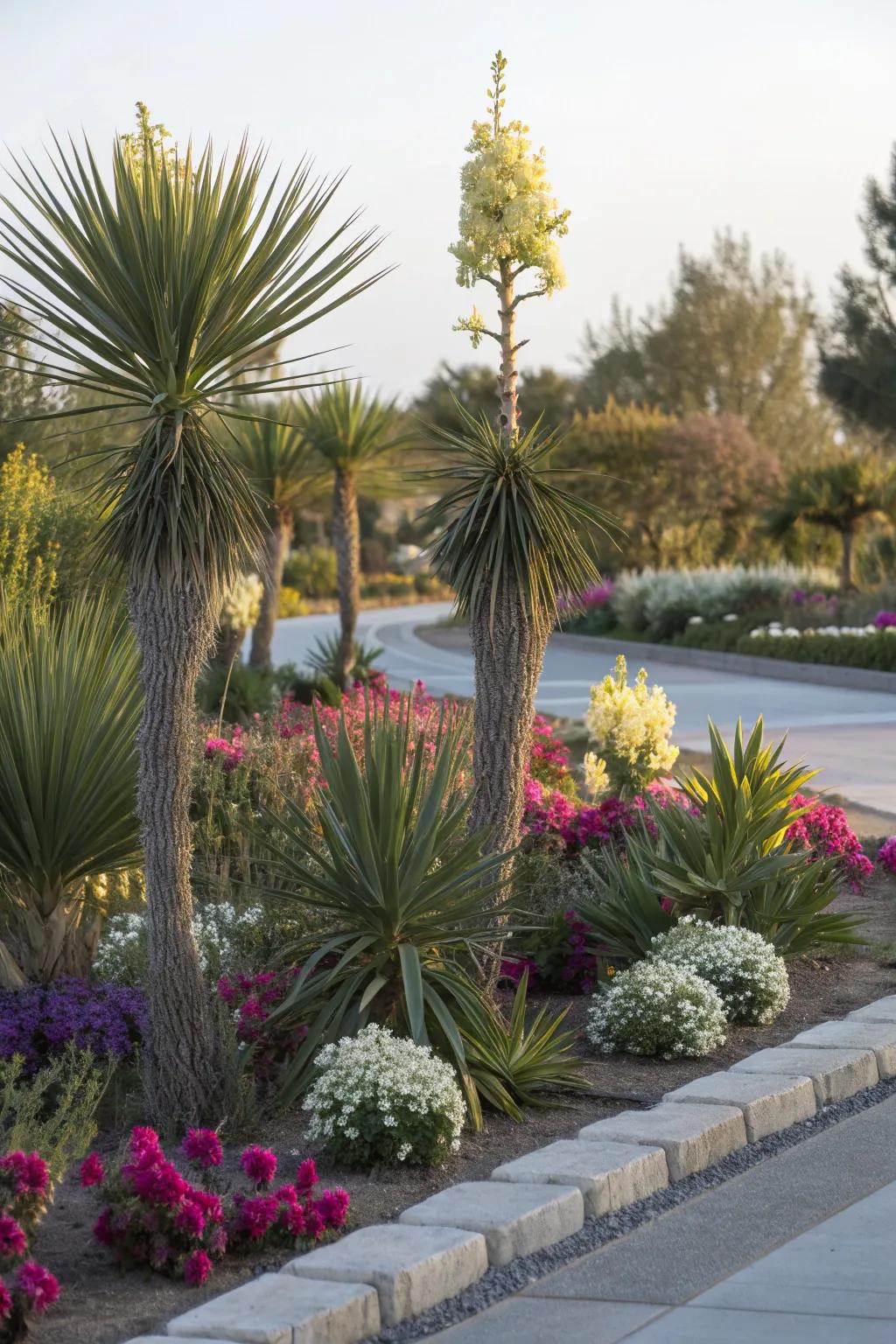 Yucca plants paired with vibrant flowers.