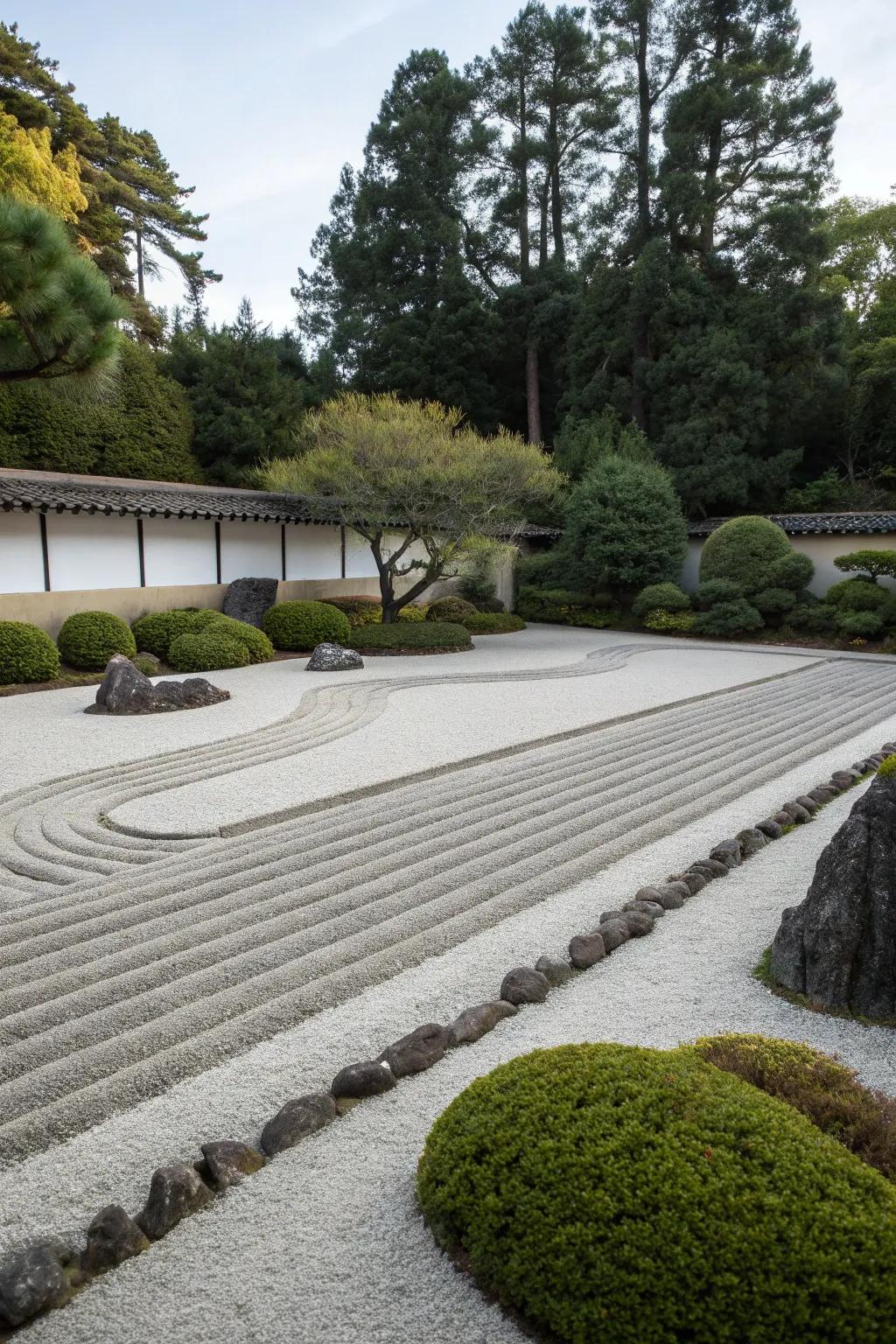 Straight line patterns in a zen garden evoke serenity and simplicity.