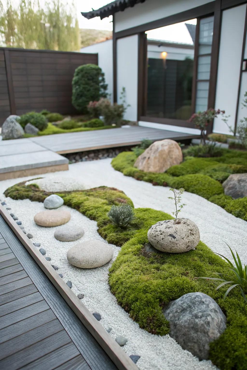 Moss adds lush texture and a natural touch to a zen garden.