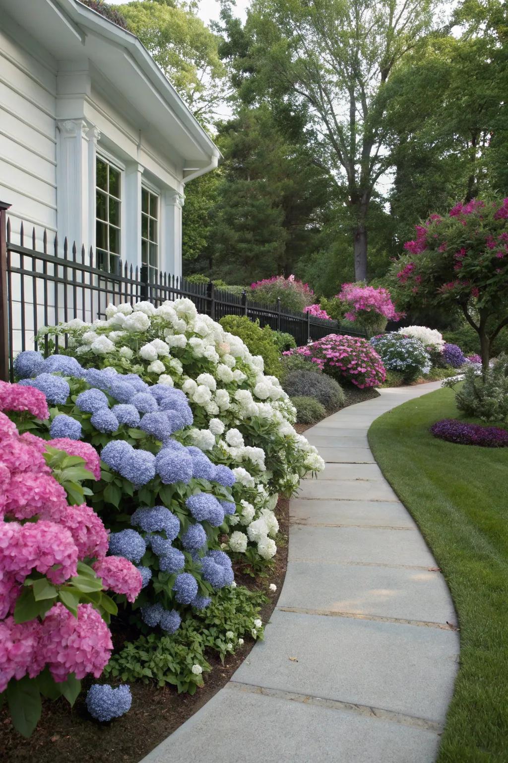 A beautifully landscaped front yard in zone 8b with azaleas and hydrangeas.
