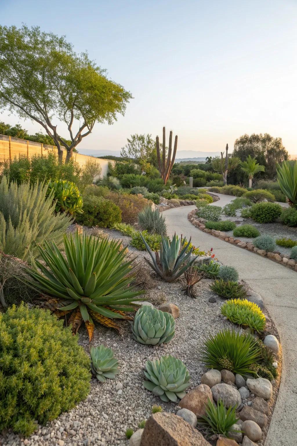 A drought-tolerant oasis with succulents and gravel pathways.