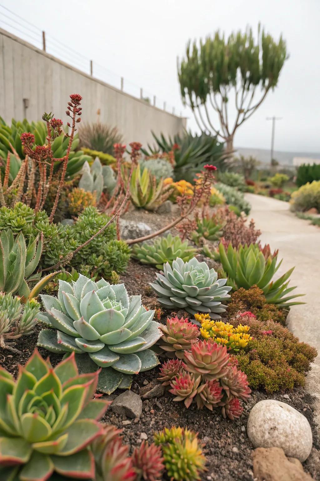 A water-wise garden featuring succulents in zone 9b.