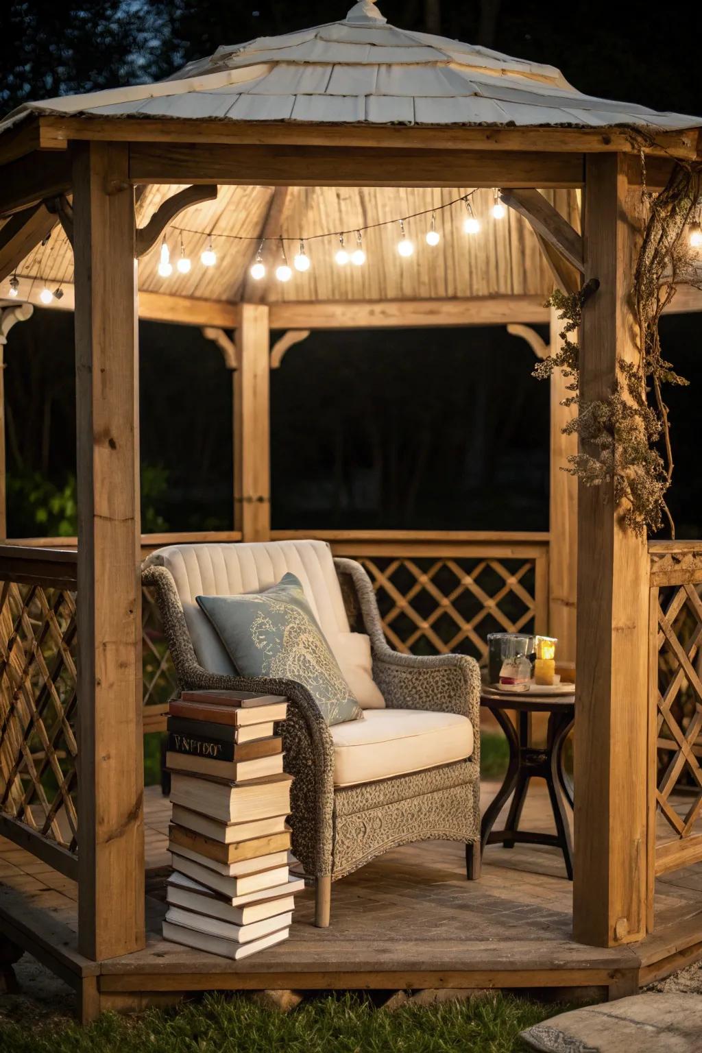 Find peace and quiet in a cozy gazebo reading nook.