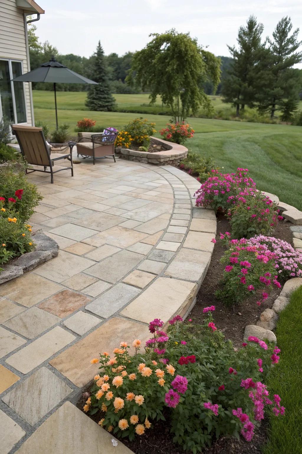 Organic-shaped paver patio blending into the garden.