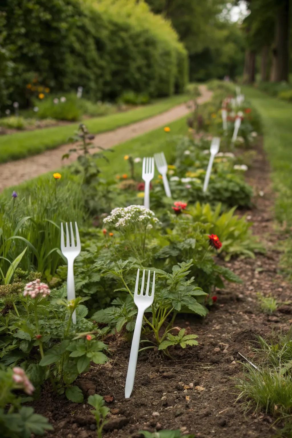Use forks to keep pets at bay in your garden.