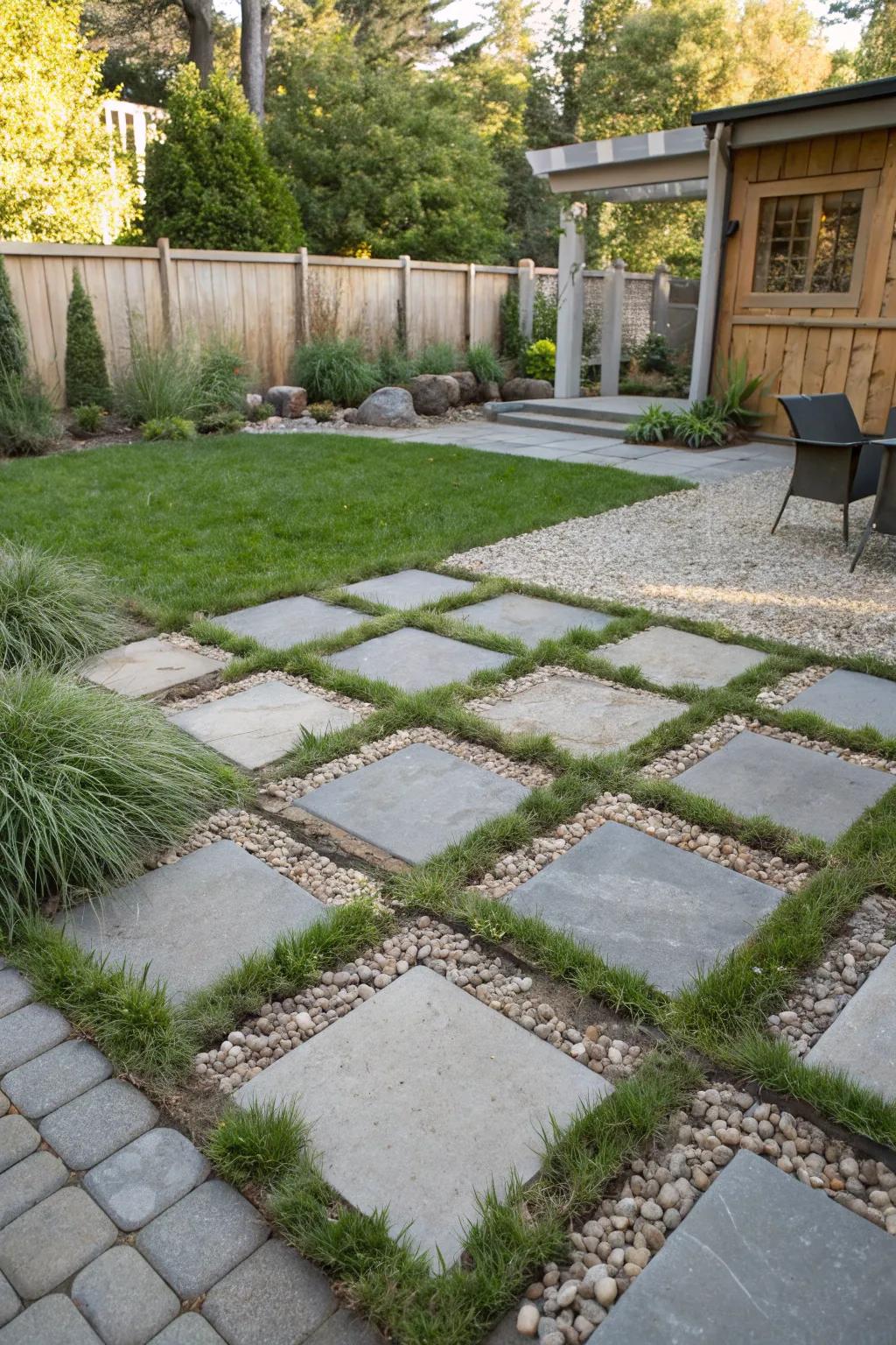 Blend your patio with nature using grass and gravel between pavers.