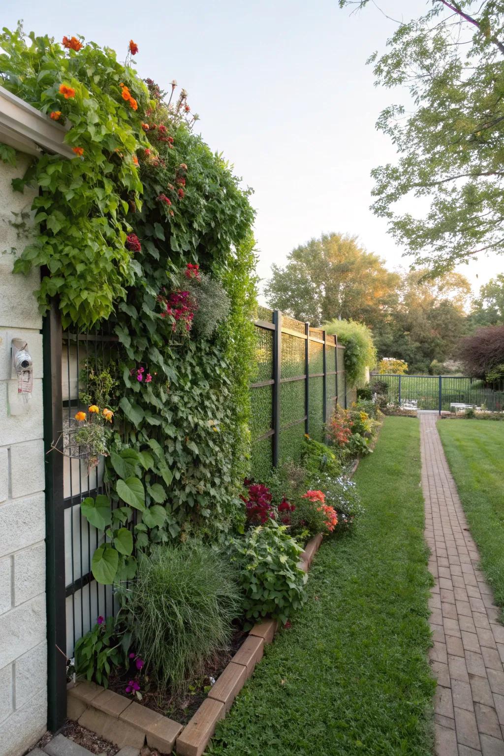 A vertical garden wall adds lush greenery without taking up much ground space.