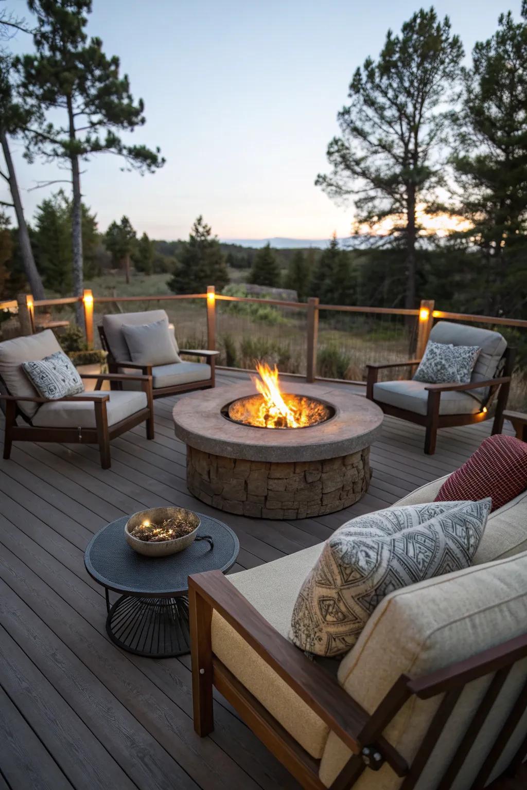 A cozy fire pit area on a 20x20 deck.