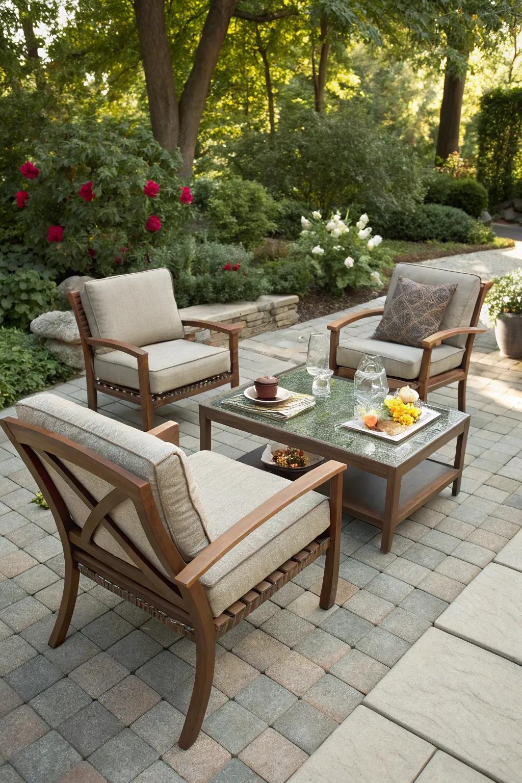 A cozy outdoor living area on a stylish paver patio.