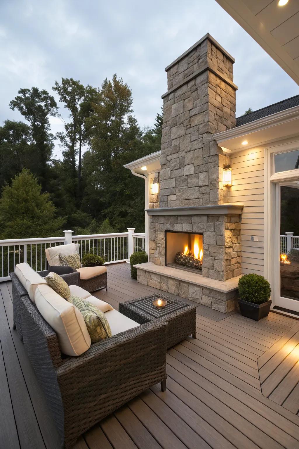 A stylish fireplace adds warmth and a focal point to the deck.