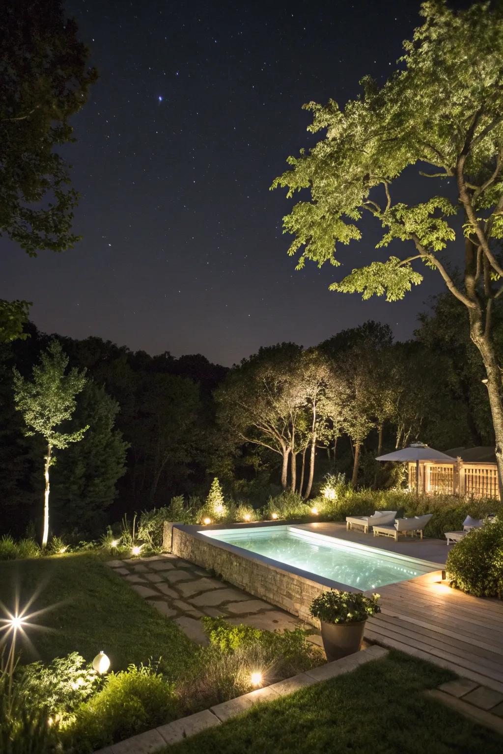 Spotlights create dramatic effects, highlighting the natural beauty around the pool.