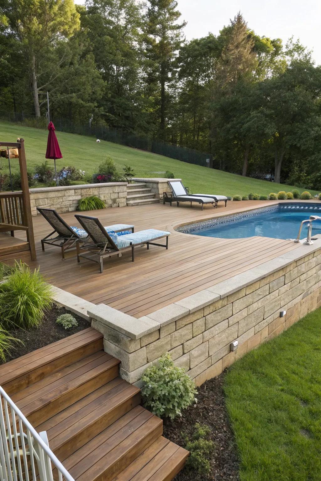A wooden deck offers seamless integration with the pool area.