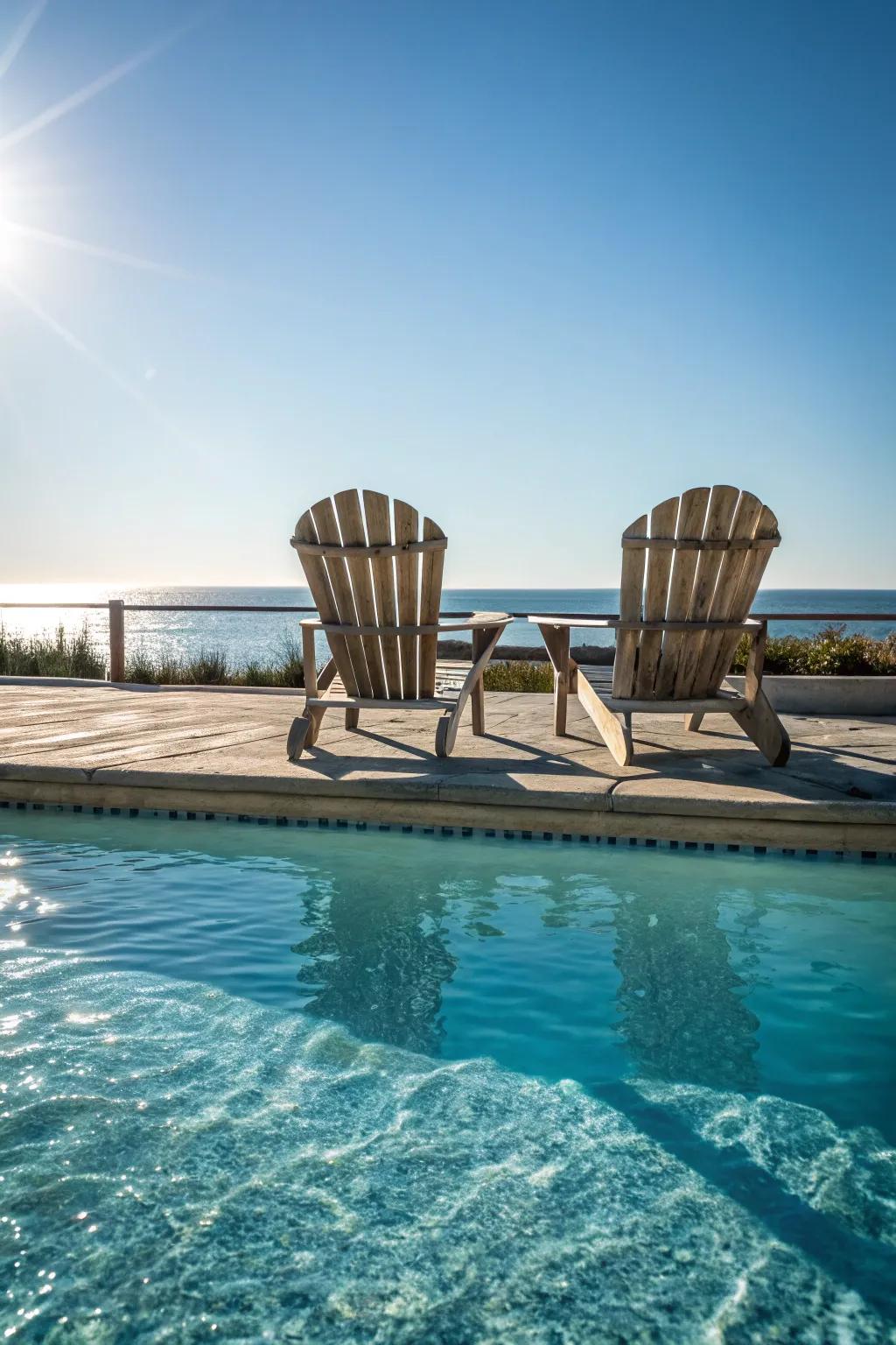 Adirondack chairs offer stylish relaxation by the pool.