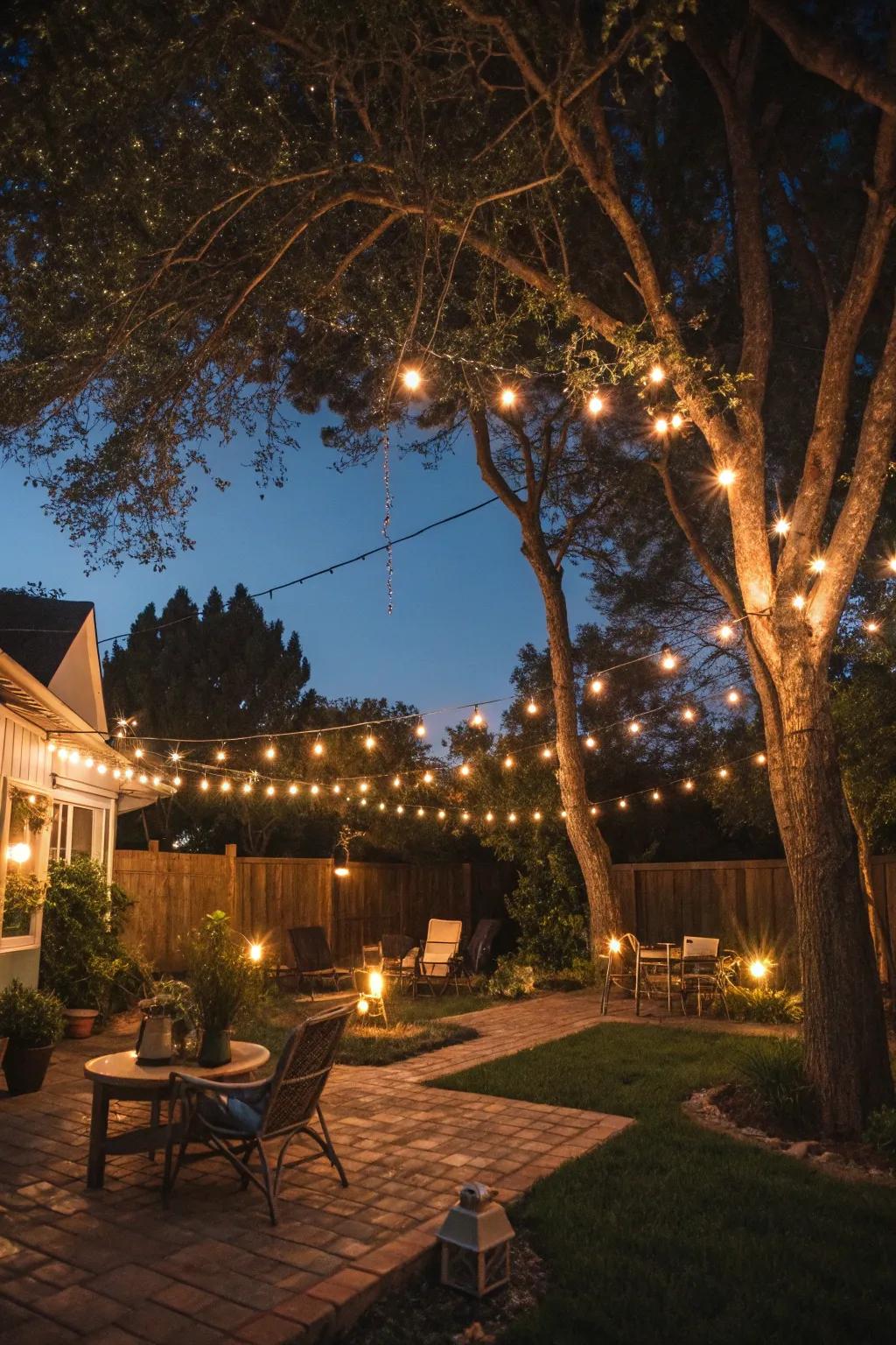 Magical backyard ambiance created by string lights.