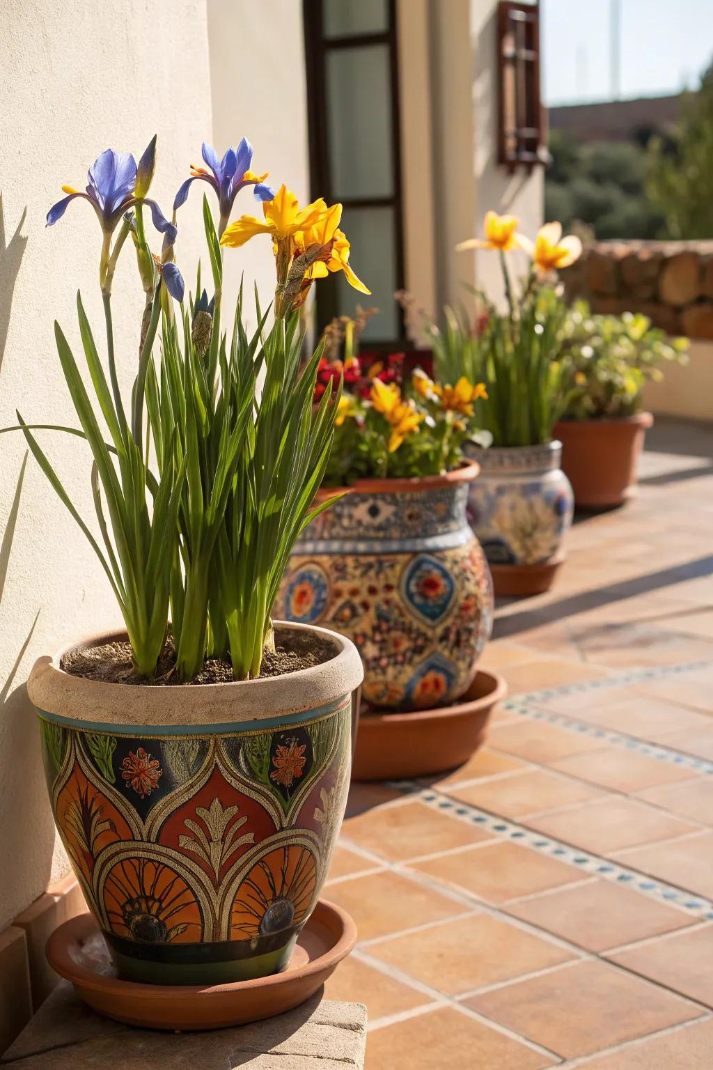 African irises bring color and life to patio spaces.