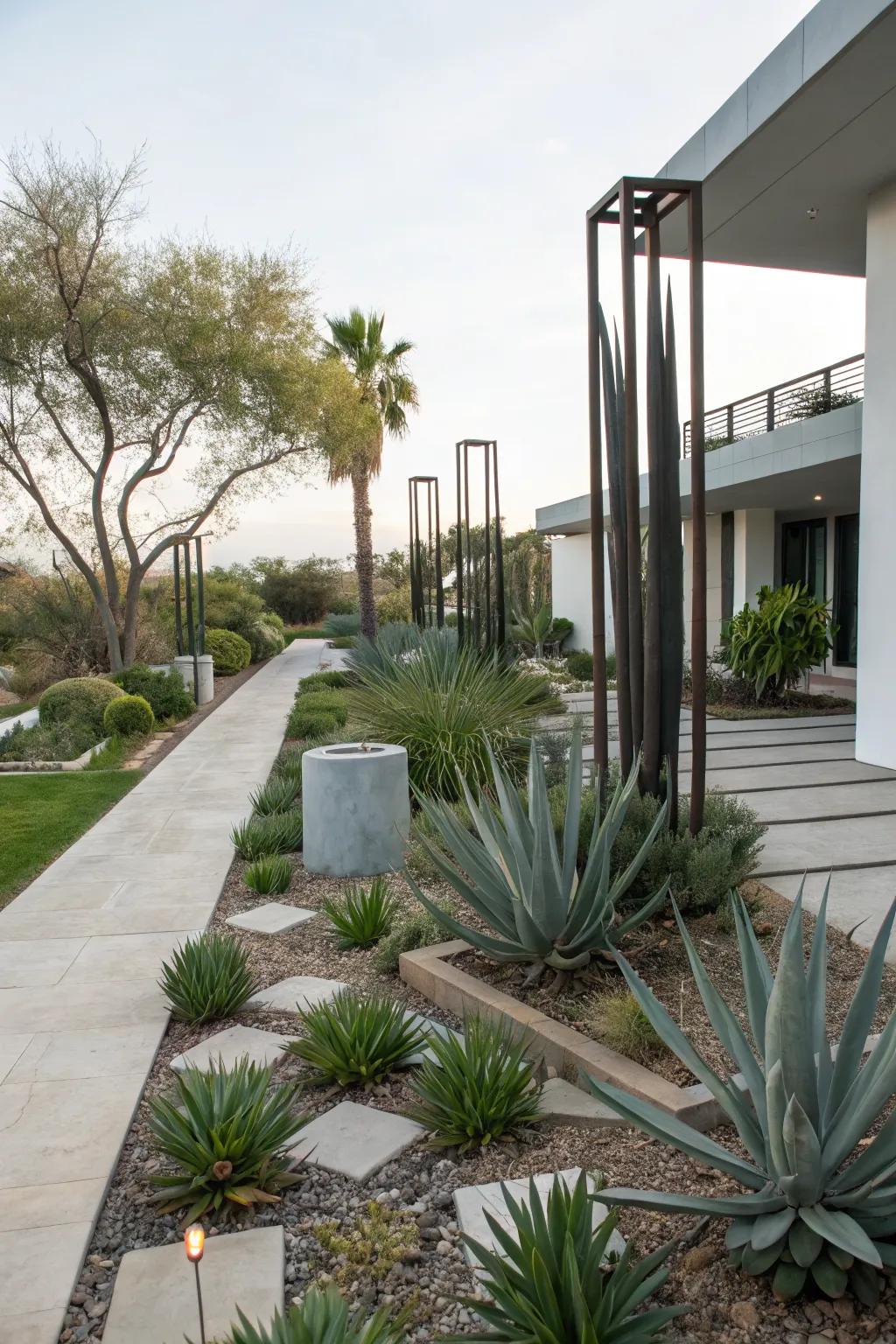Modern garden design with agave and sculptural art.