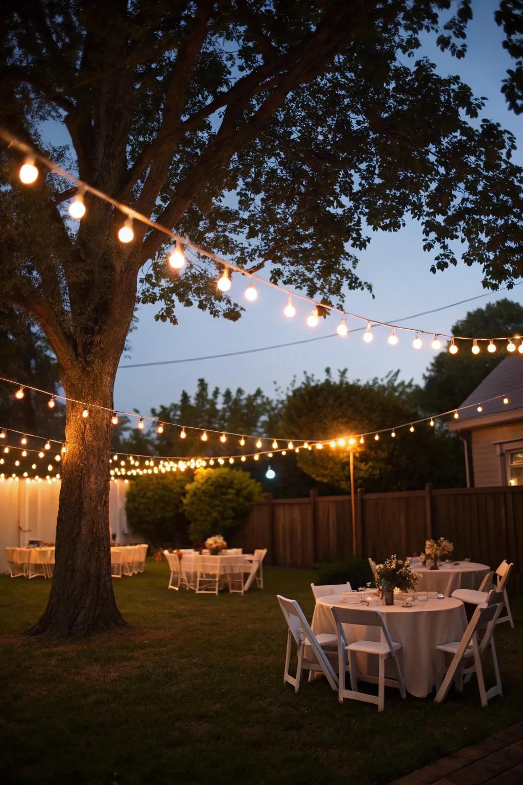 Create a magical atmosphere with romantic white string lights.