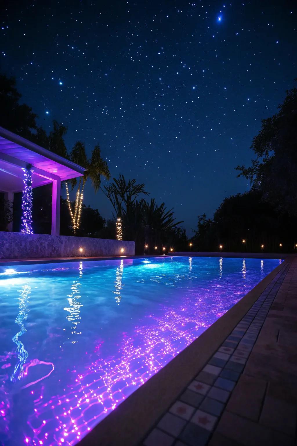 A pool illuminated with ethereal blue and purple LED lights.