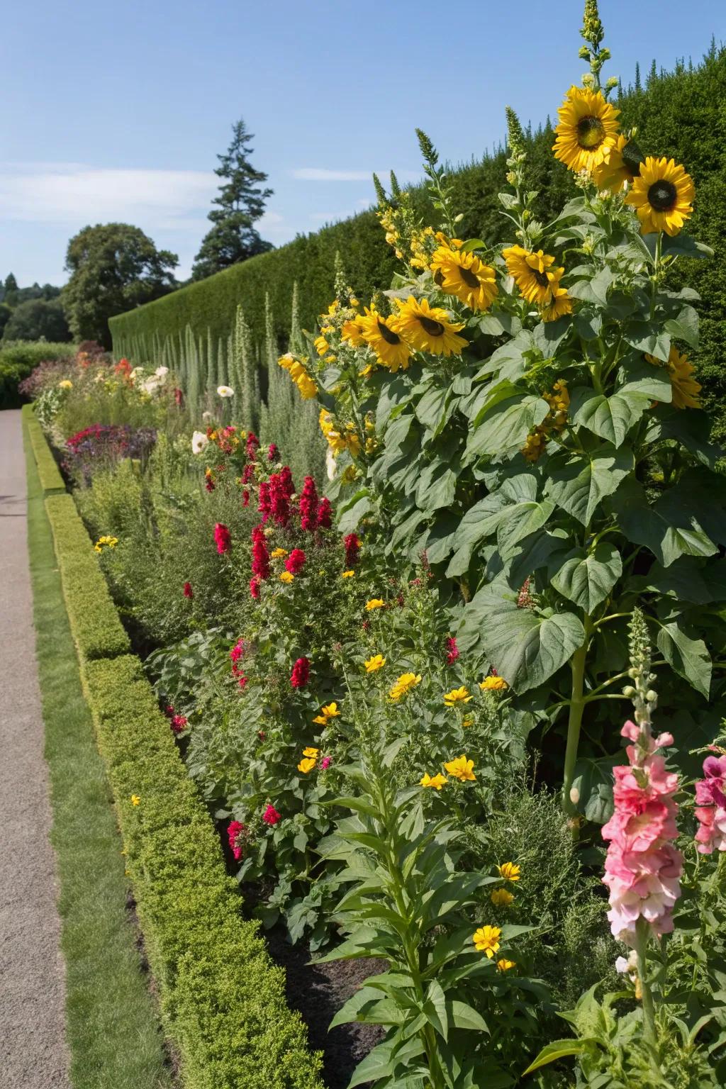 Dramatic garden borders with sunflowers and snapdragons.