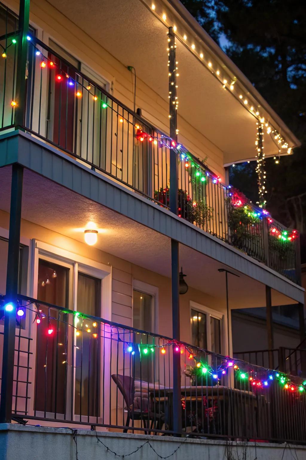 Multicolored lights add a playful and festive touch to your balcony.