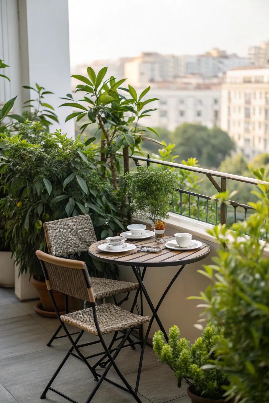 Relax in a cozy seating area amidst your balcony garden.