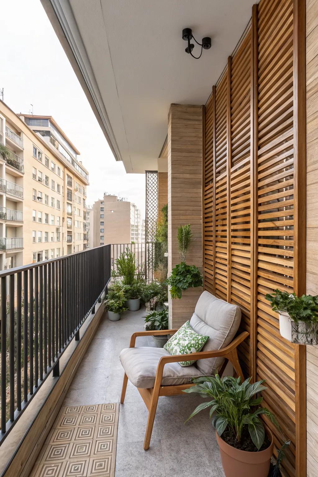 Wooden slat panels blend privacy with a modern aesthetic.