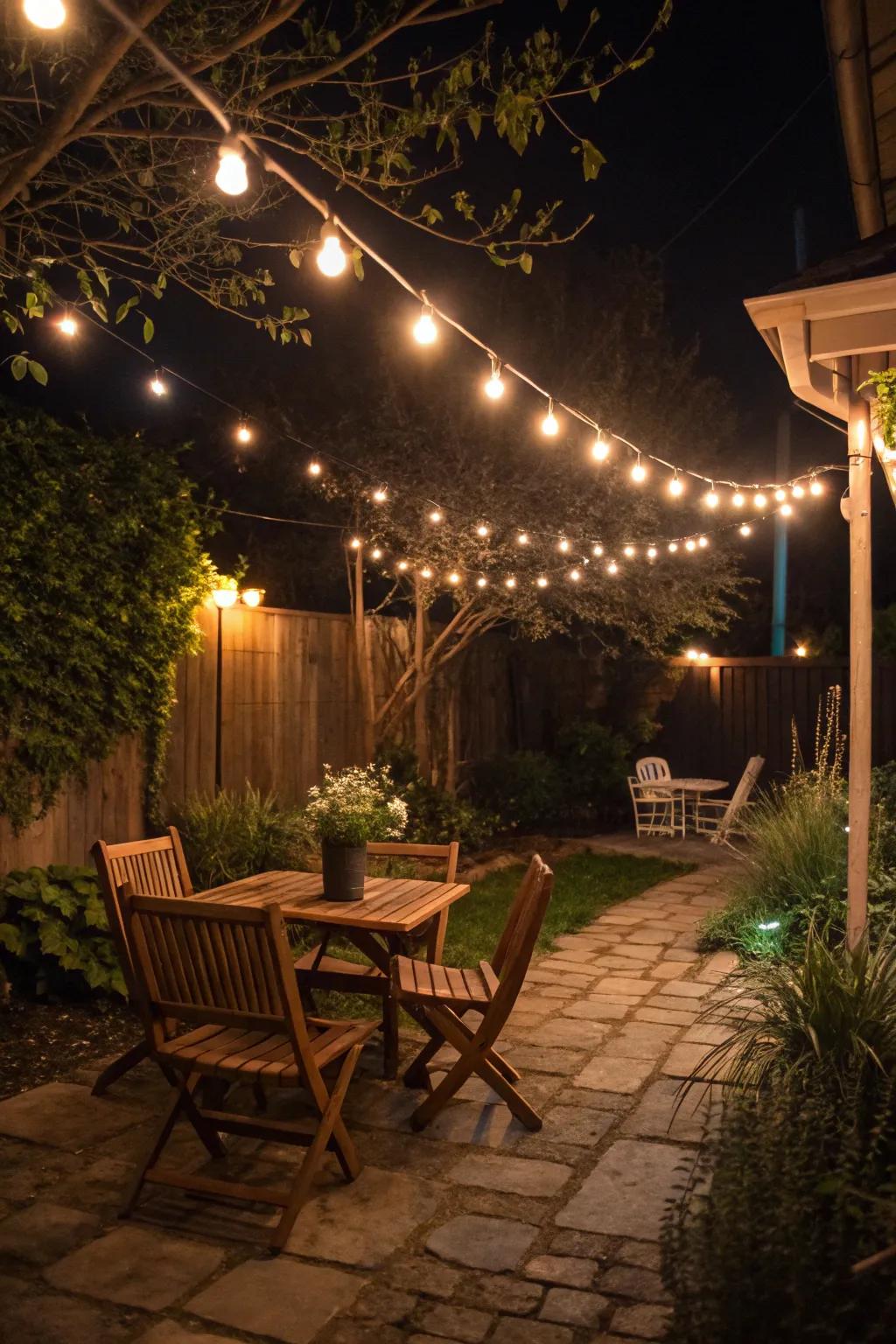 String lights creating a magical and inviting ambiance on a small patio.