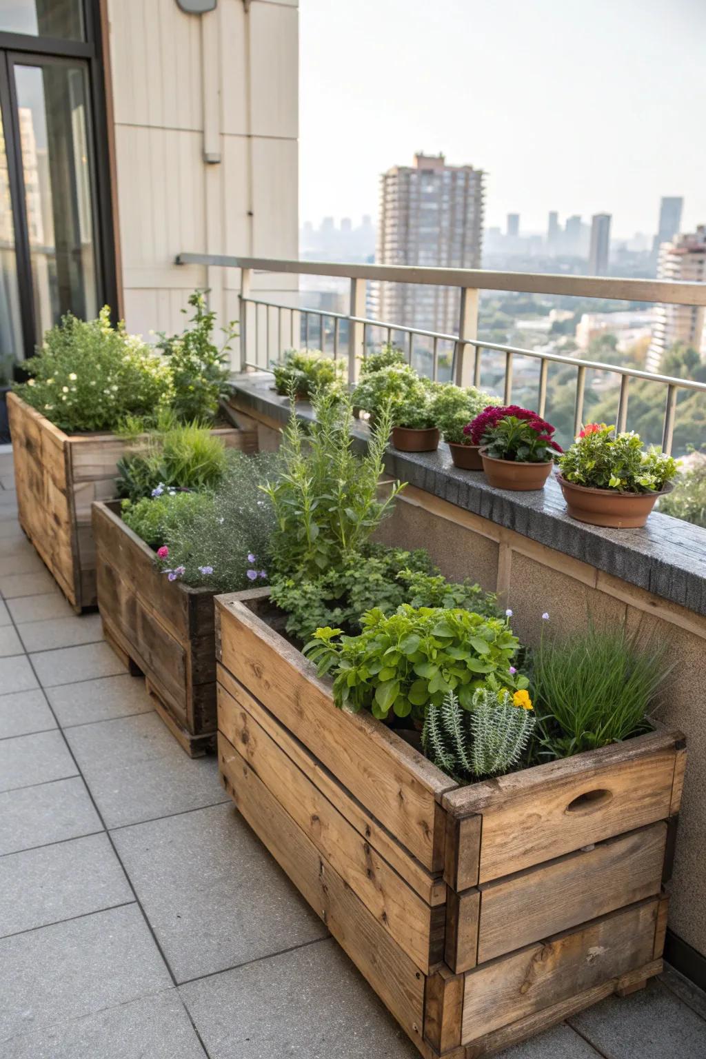 Introduce a rustic touch with charming wooden planter boxes.