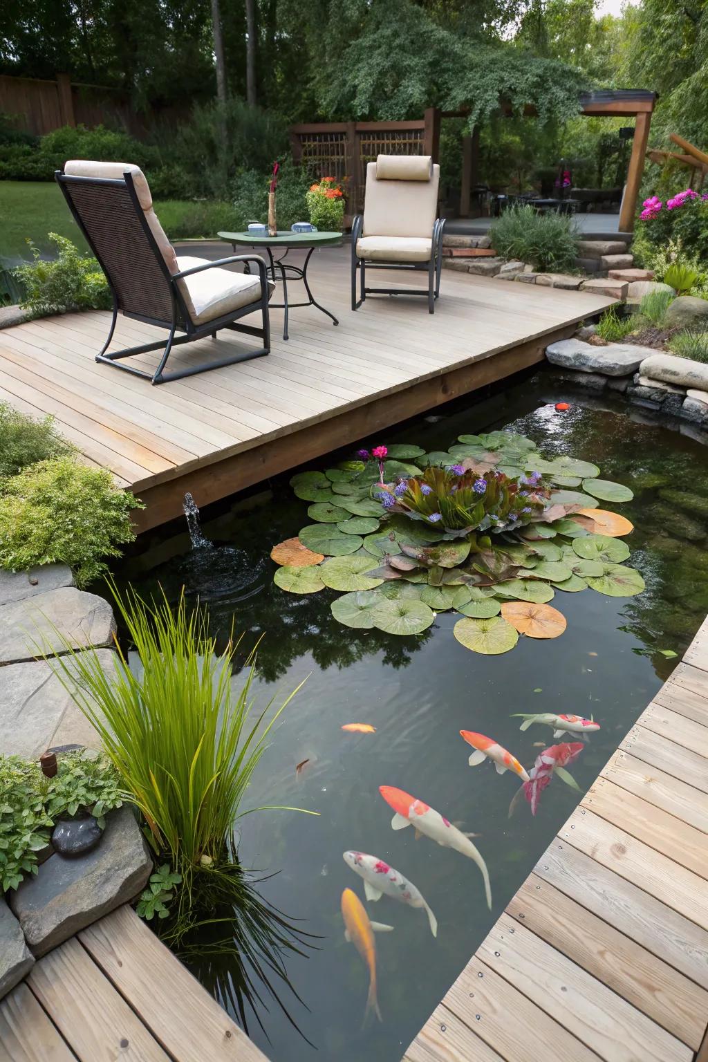 A stunning floating deck pond perfect for entertaining.