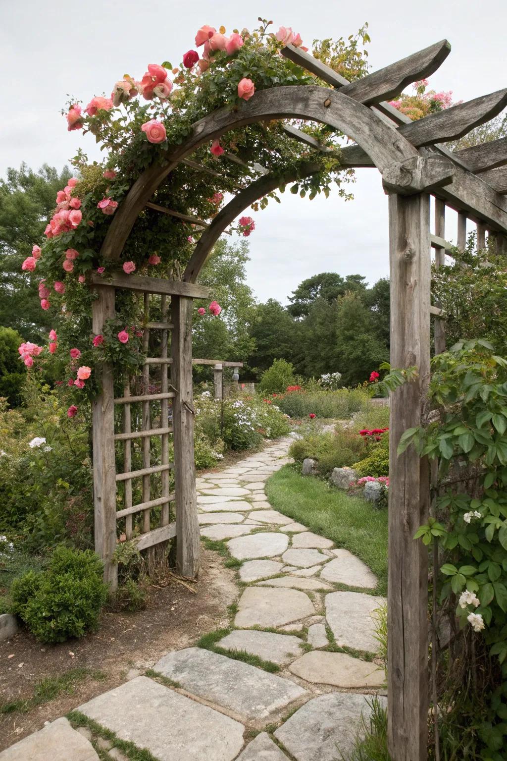 A rustic wooden arch trellis with climbing roses.