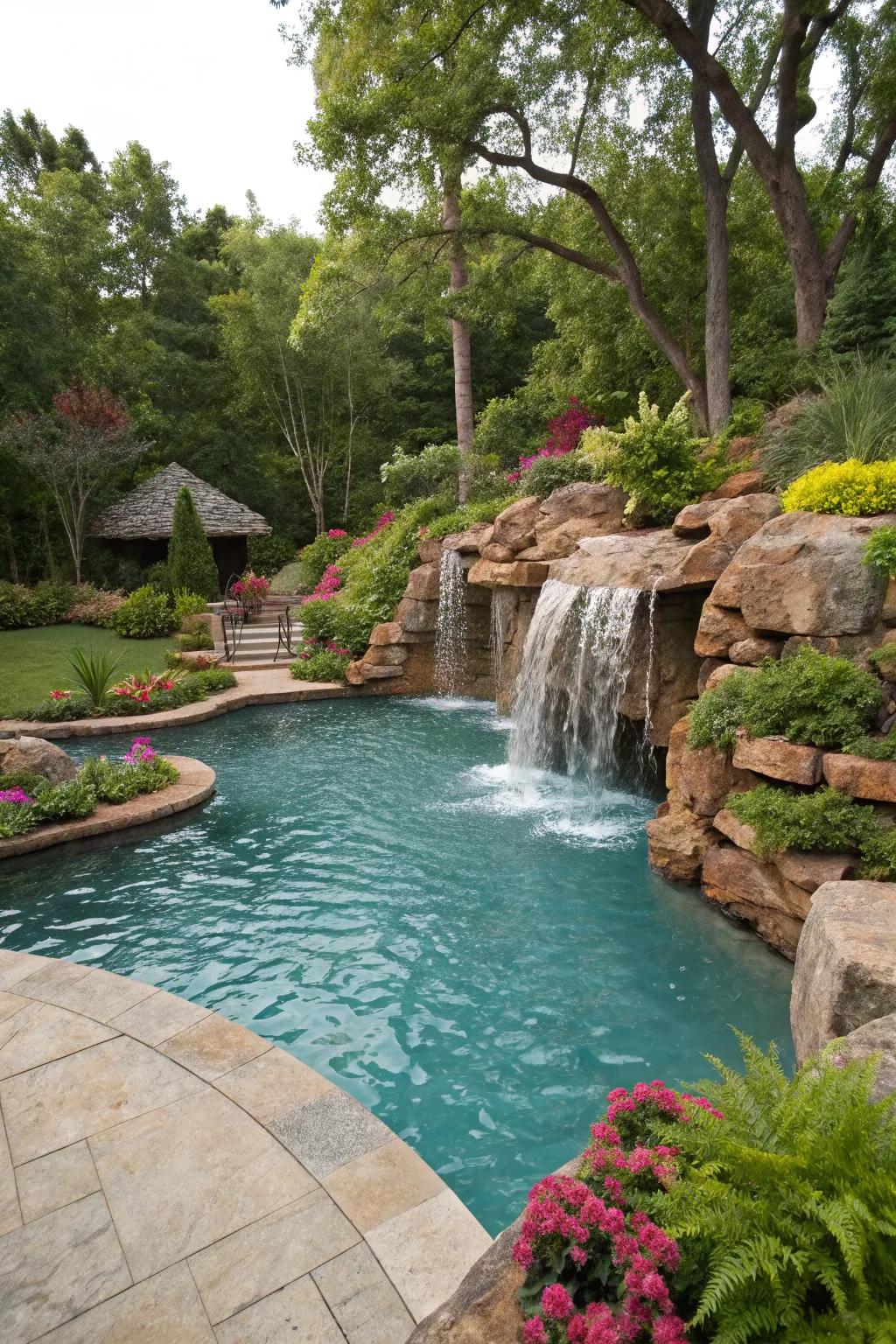 A waterfall feature brings tranquility and luxury to your pool area.
