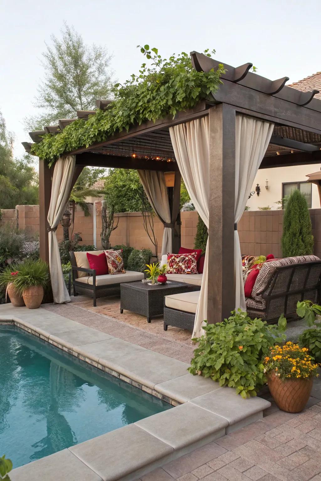 Shaded retreats offer comfort and style poolside.
