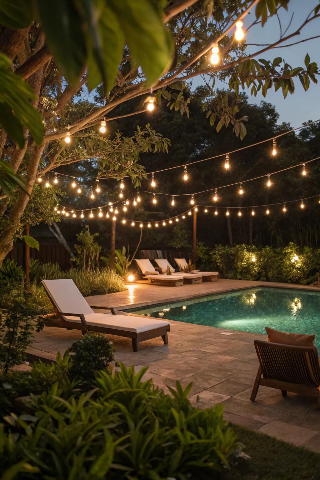 String lights create a festive and enchanting atmosphere around your pool.