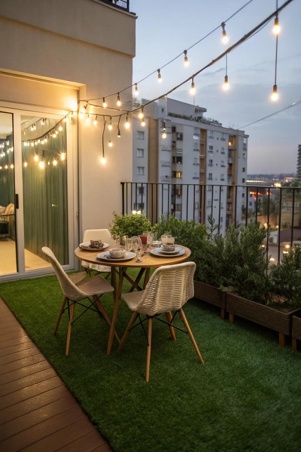 Enjoy outdoor dining with a touch of greenery underfoot.