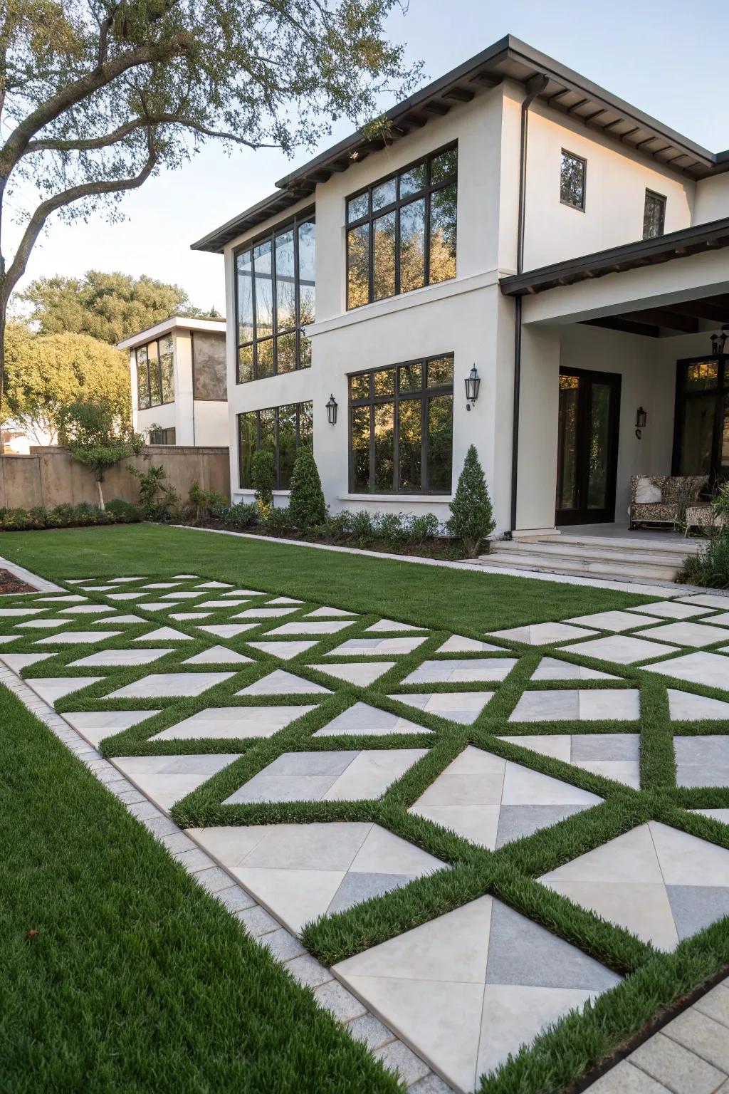 Geometric patterns in artificial grass offer a chic and modern look.
