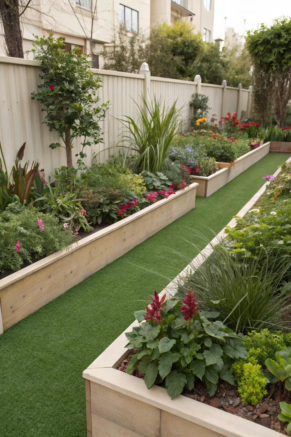 Garden beds artistically bordered against lush artificial turf.