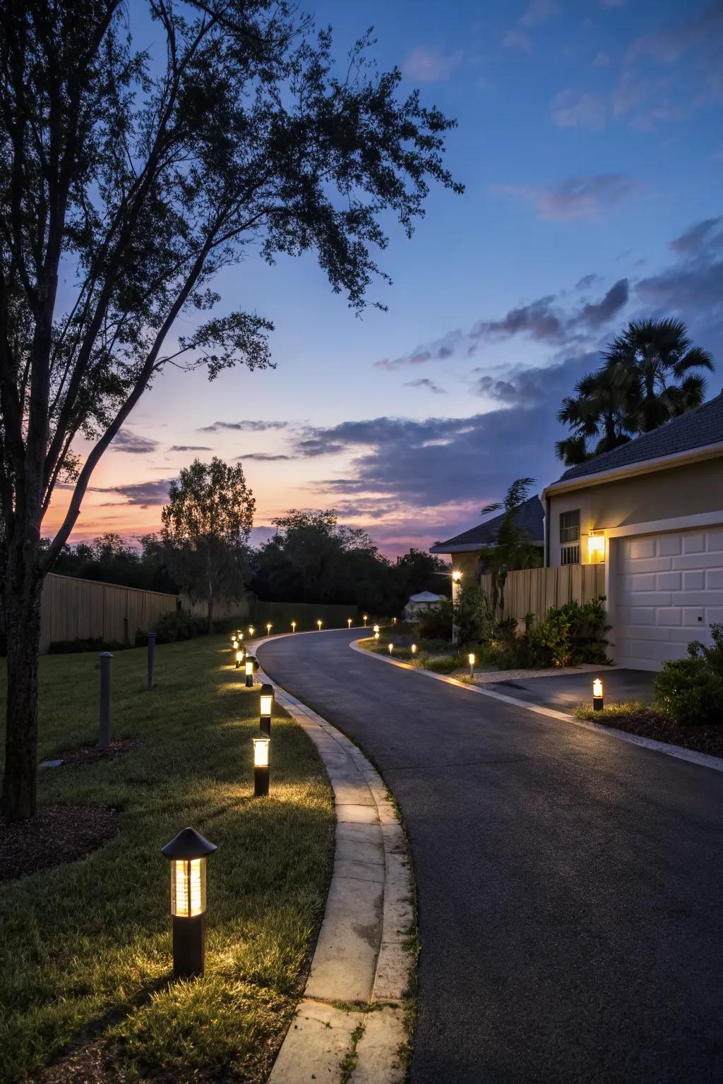 An asphalt driveway illuminated with solar pathway lights, creating a cozy atmosphere.