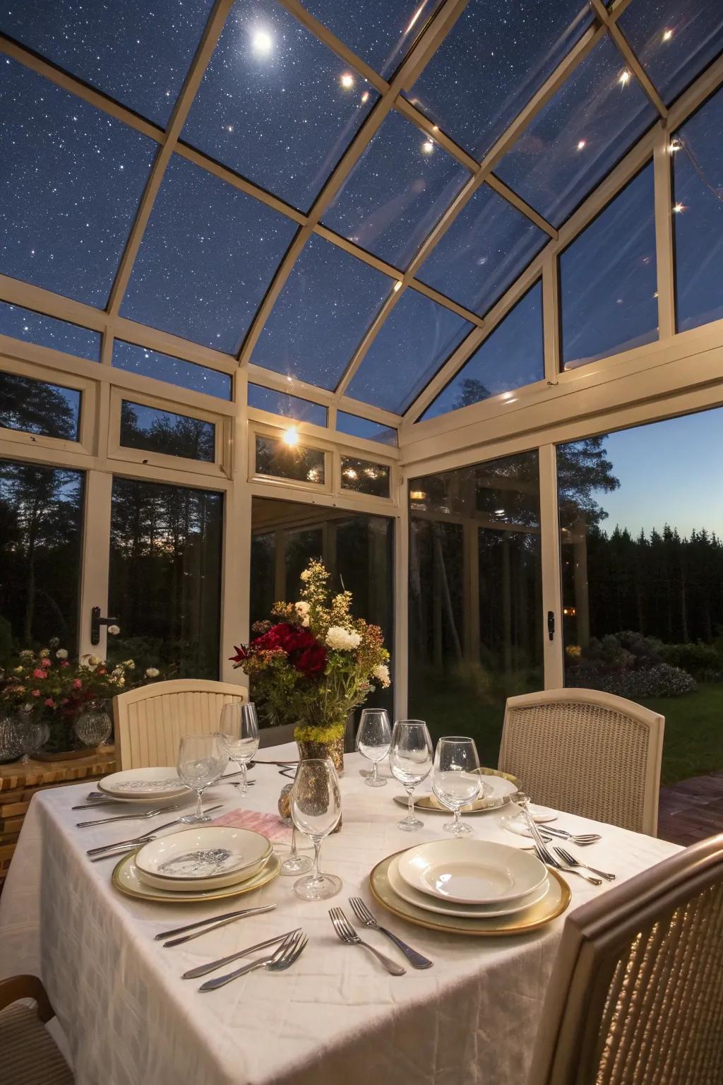 An elegant dining setup in a sunroom for dining under the stars
