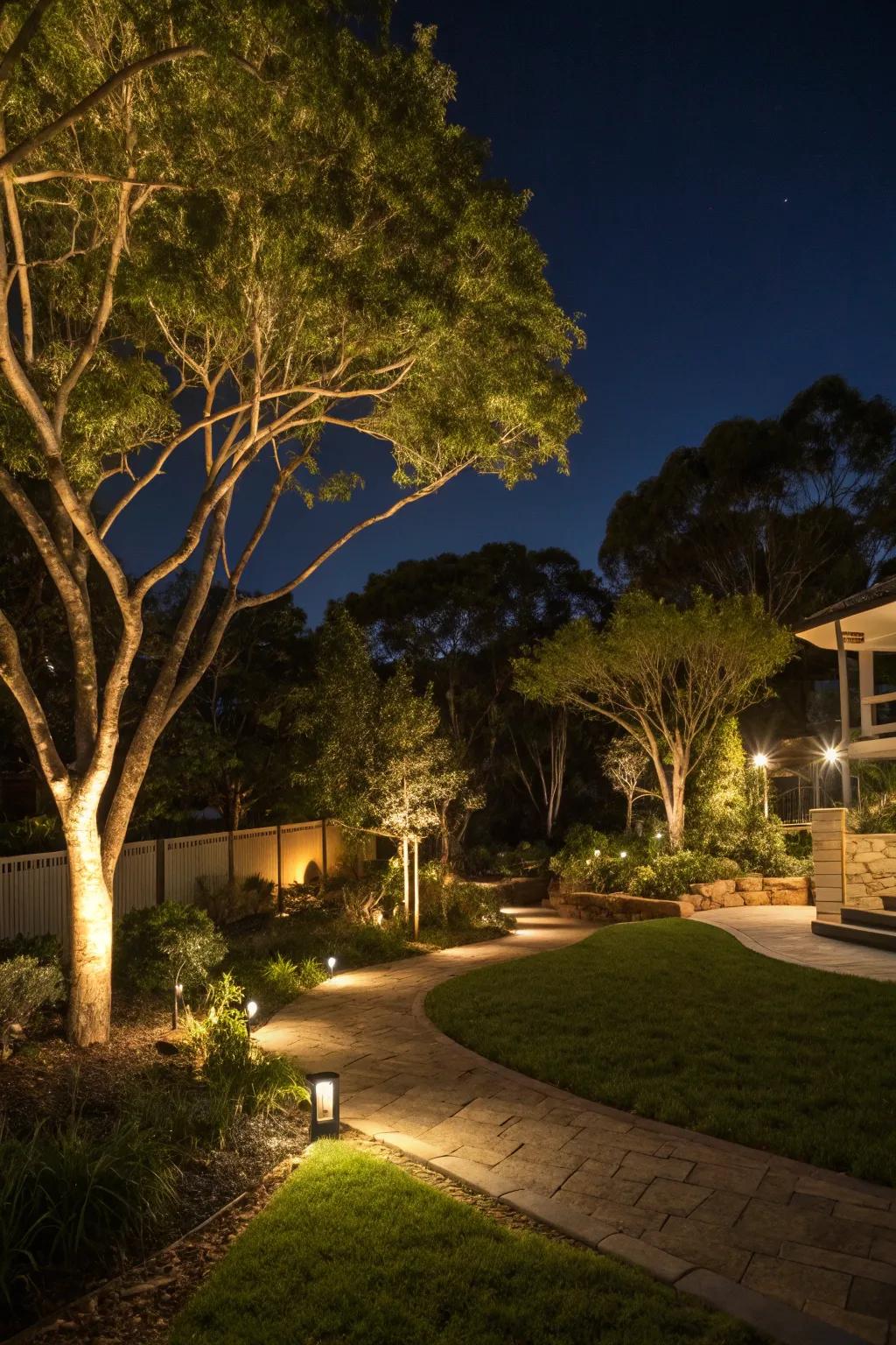 Soft lighting transforms a garden into a nighttime retreat.