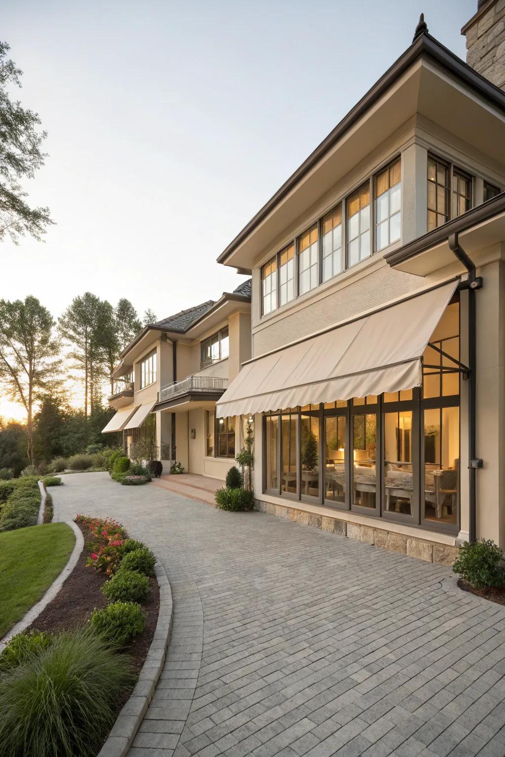 Neutral beige awnings provide understated elegance.