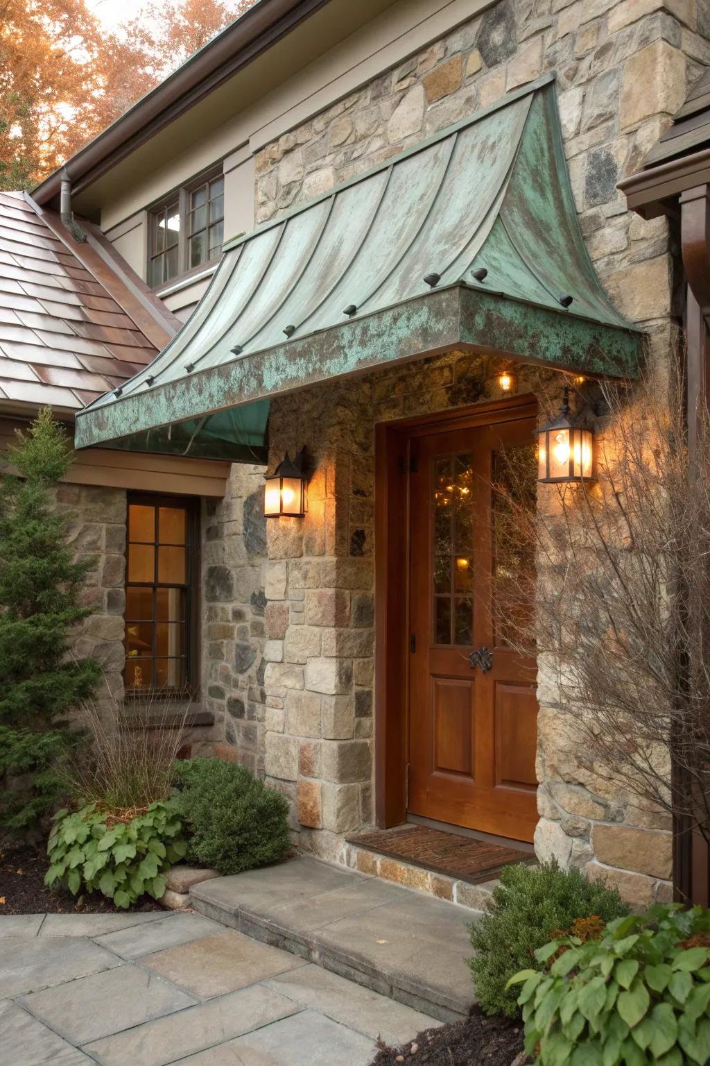 A copper awning with patina adds vintage elegance.